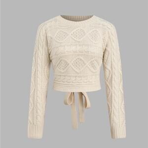 Cream Textured Knit Sweater with Tie back detail